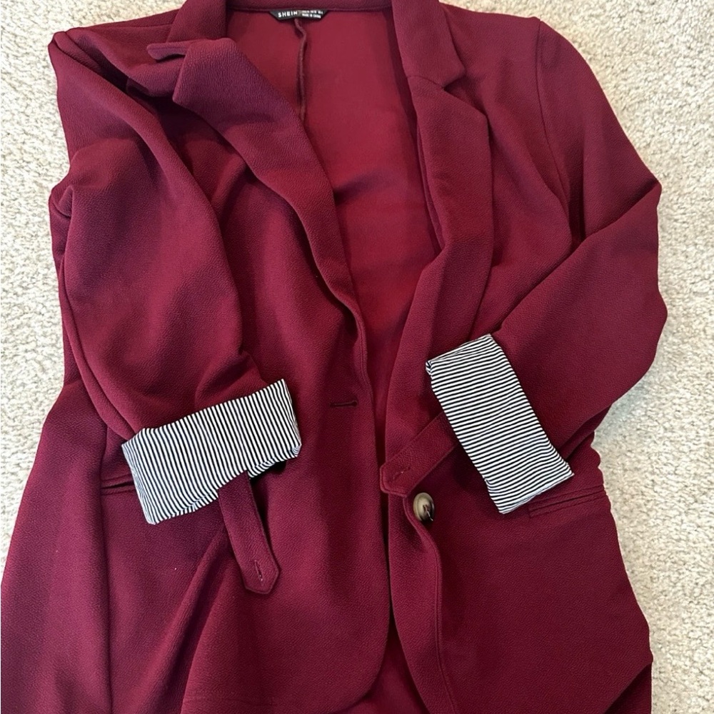 SHEIN Burgundy Blazer with Striped Cuffs